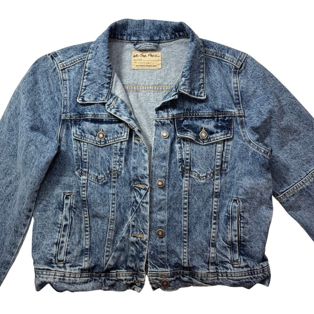 Free People We The Free Rumors Cropped Denim Jacket 100%Cotton Classic/Modern